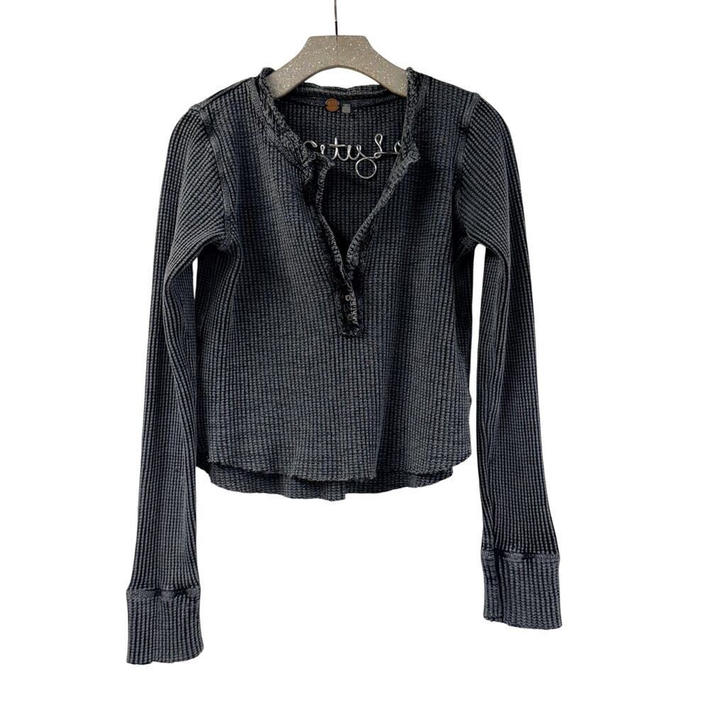 Free People One Crop Henley Waffle Large Gray Black Long Sleeve